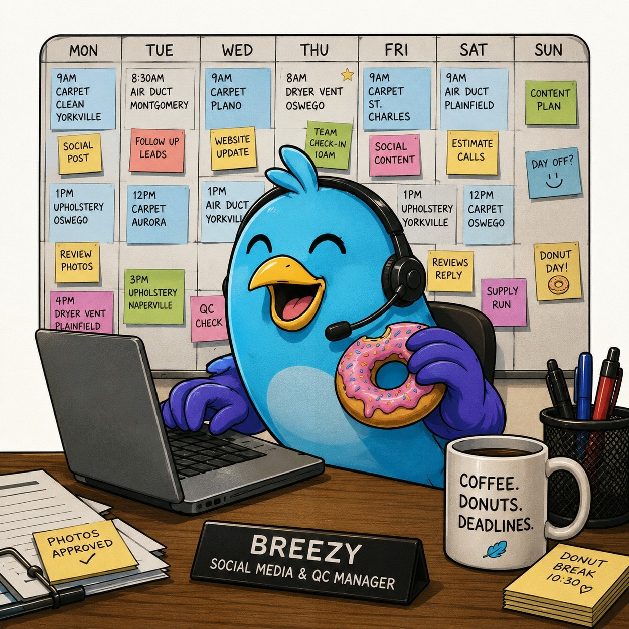 Breezy the mascot at a desk with a headset, donut, and a mug that says Coffee. Donuts. Deadlines.